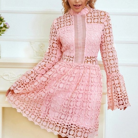 Mesh Insert Mock Neck Flounce Sleeve Lace Dress PINK - Picture 2 of 7